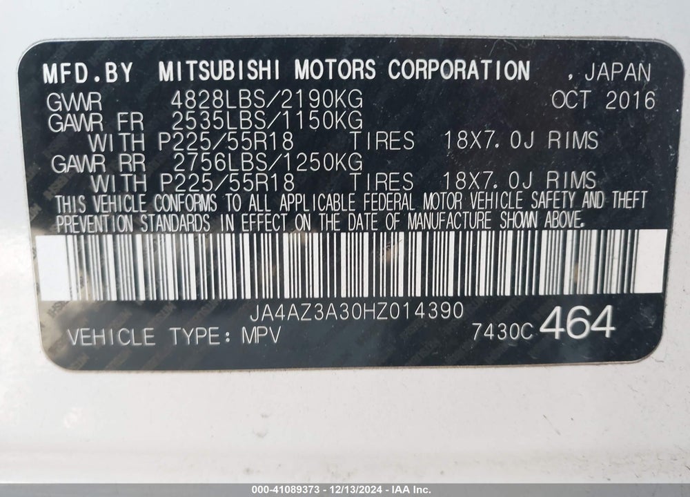 2017 MITSUBISHI OUTLANDER SE/SEL VIN: JA4AZ3A30HZ014390