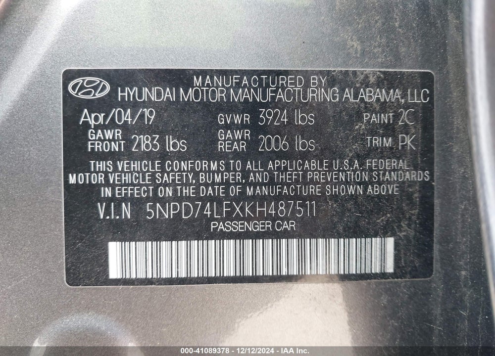 2019 HYUNDAI ELANTRA SE VIN: 5NPD74LFXKH487511