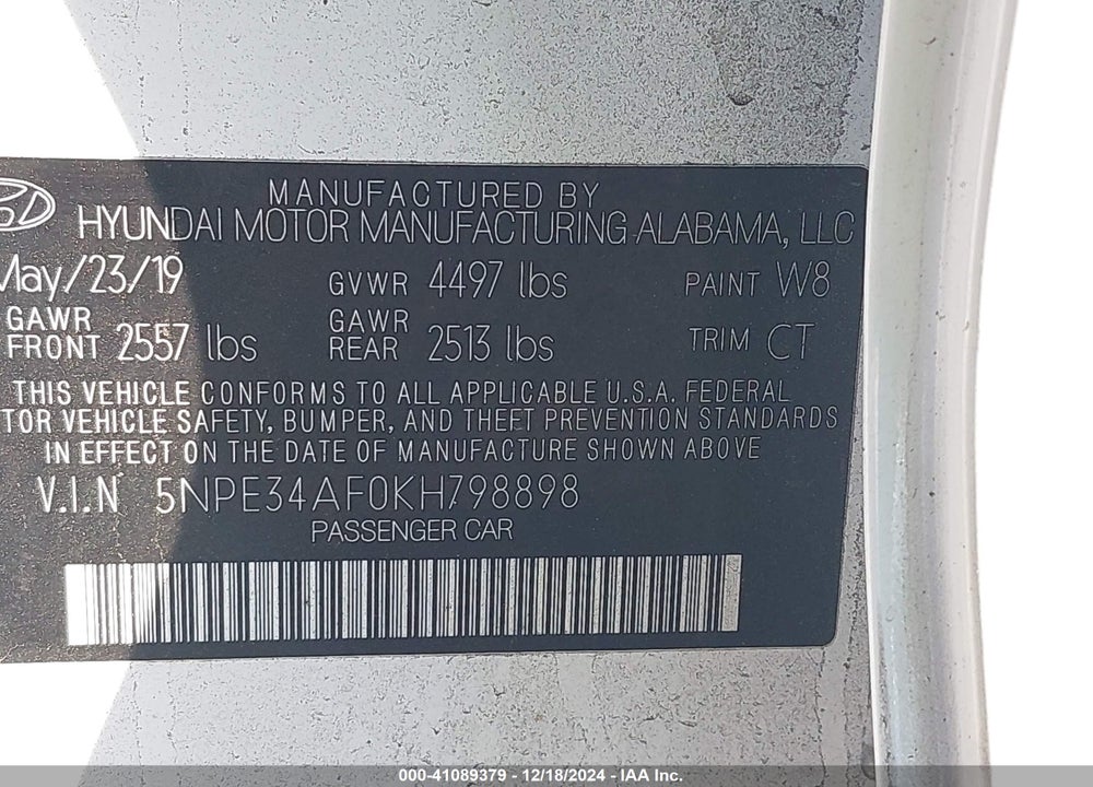 2019 HYUNDAI SONATA VIN: 5NPE34AF0KH798898
