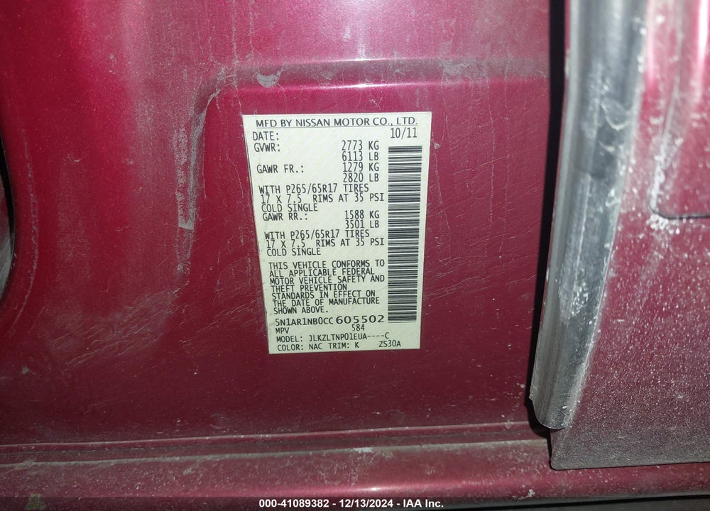 2012 NISSAN PATHFINDER SV VIN: 5N1AR1NB0CC605502