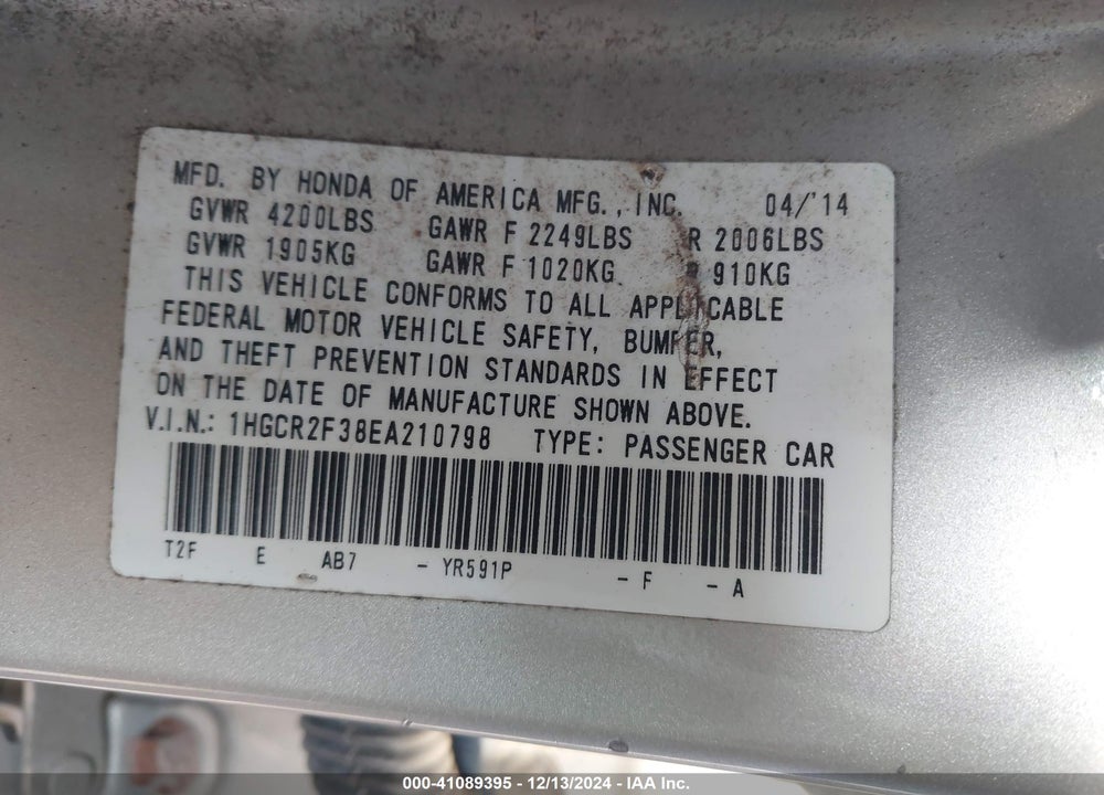 2014 HONDA ACCORD LX VIN: 1HGCR2F38EA210798