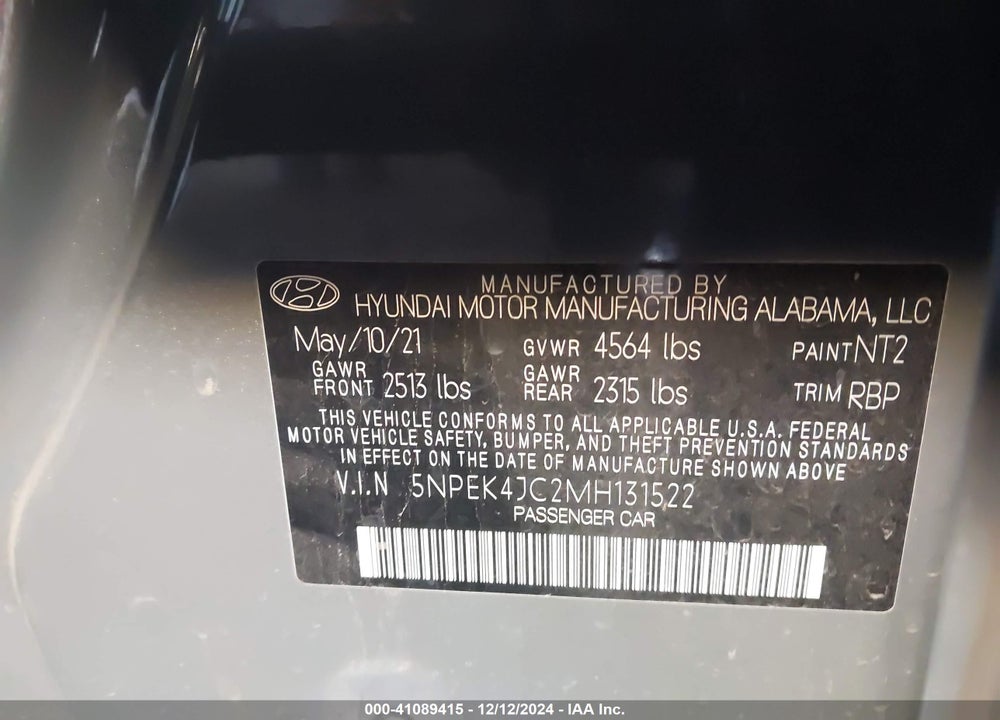 2021 HYUNDAI SONATA VIN: 5NPEK4JC2MH131522
