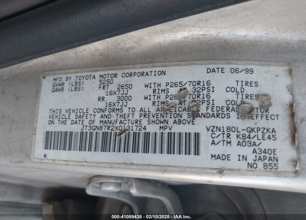 1999 TOYOTA 4RUNNER LIMITED V6 VIN: JT3GN87R2X0131724