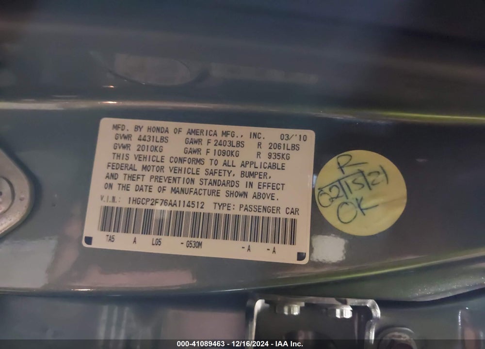 2010 HONDA ACCORD VIN: 1HGCP2F76AA114512