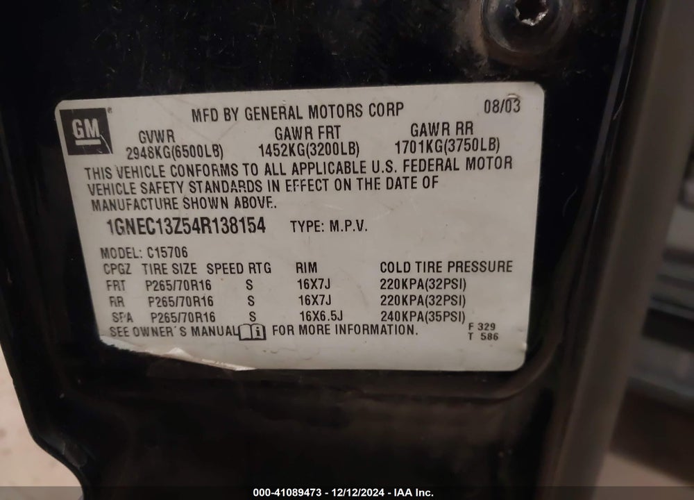 2004 CHEVROLET TAHOE LS VIN: 1GNEC13Z54R138154
