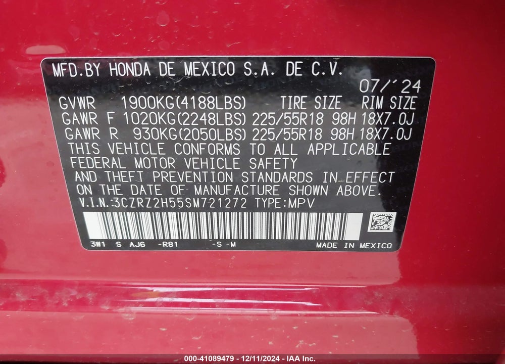 2025 HONDA HR-V AWD SPORT VIN: 3CZRZ2H55SM721272