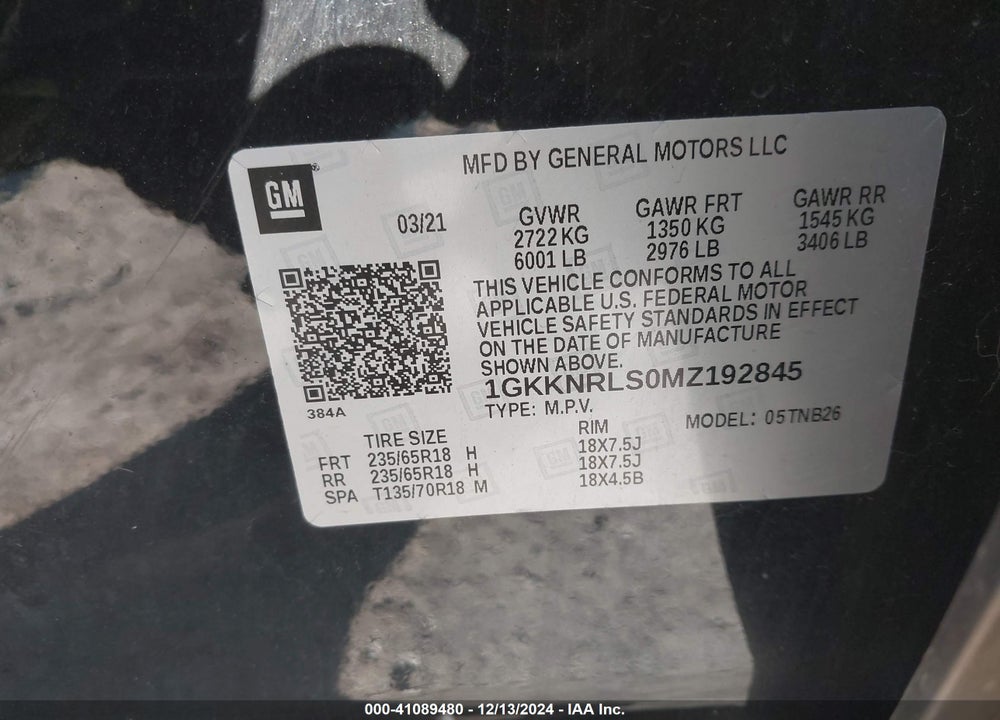 2021 GMC ACADIA VIN: 1GKKNRLS0MZ192845