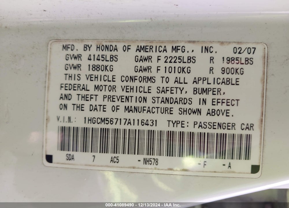 2007 HONDA ACCORD 2.4 EX VIN: 1HGCM56717A116431