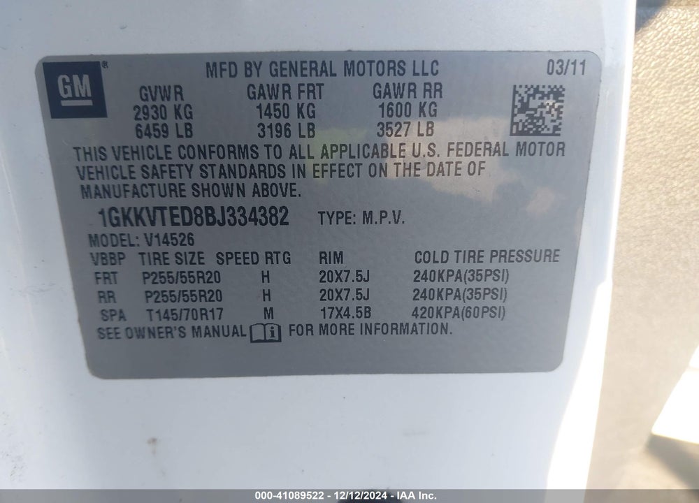 2011 GMC ACADIA DENALI VIN: 1GKKVTED8BJ334382