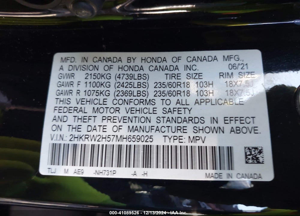 2021 HONDA CR-V AWD EX VIN: 2HKRW2H57MH659025