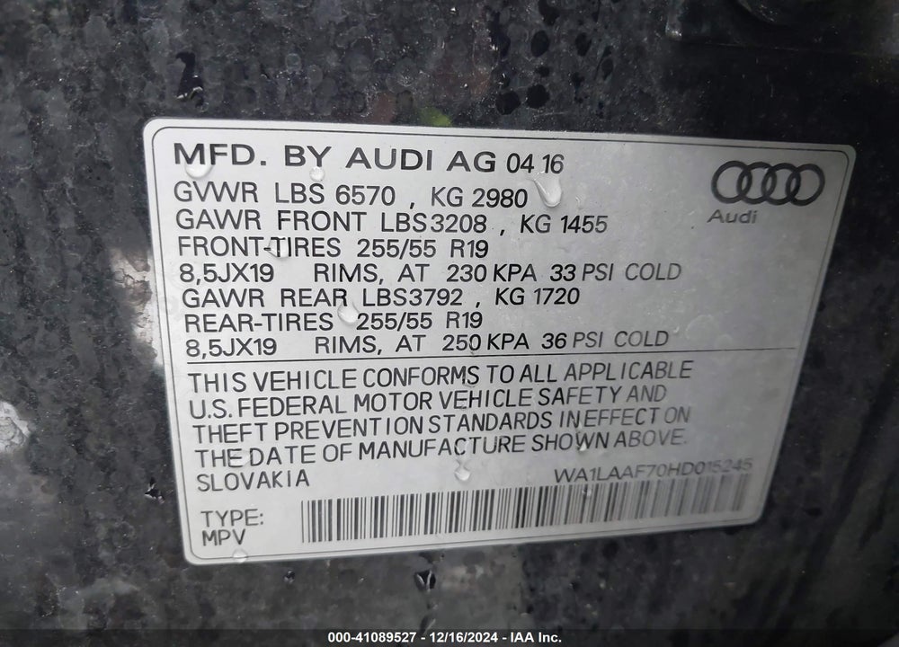 2017 AUDI Q7 3.0T PREMIUM VIN: WA1LAAF70HD015245