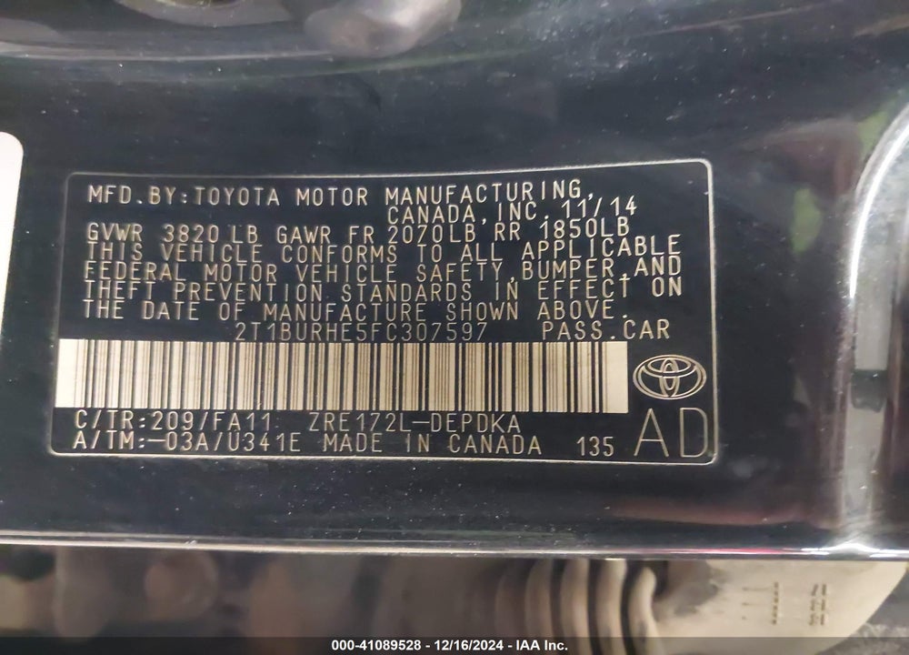2015 TOYOTA COROLLA VIN: 2T1BURHE5FC307597