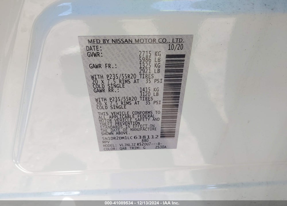 2020 NISSAN PATHFINDER PLATINUM 4WD VIN: 5N1DR2DM1LC638112