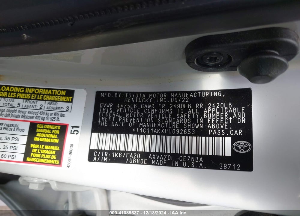 2023 TOYOTA CAMRY LE VIN: 4T1C11AKXPU092653