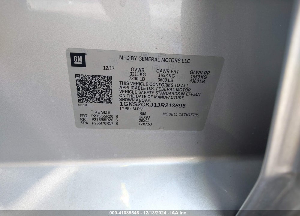 2018 GMC YUKON VIN: 1GKS2CKJ1JR213695