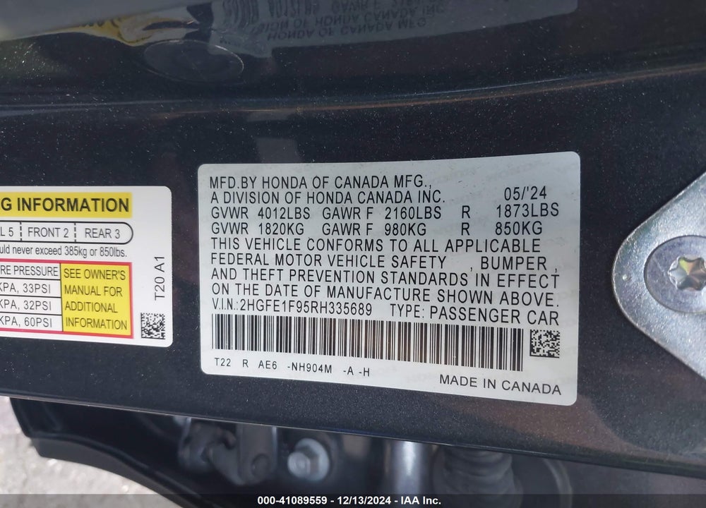 2024 HONDA CIVIC TOURING VIN: 2HGFE1F95RH335689