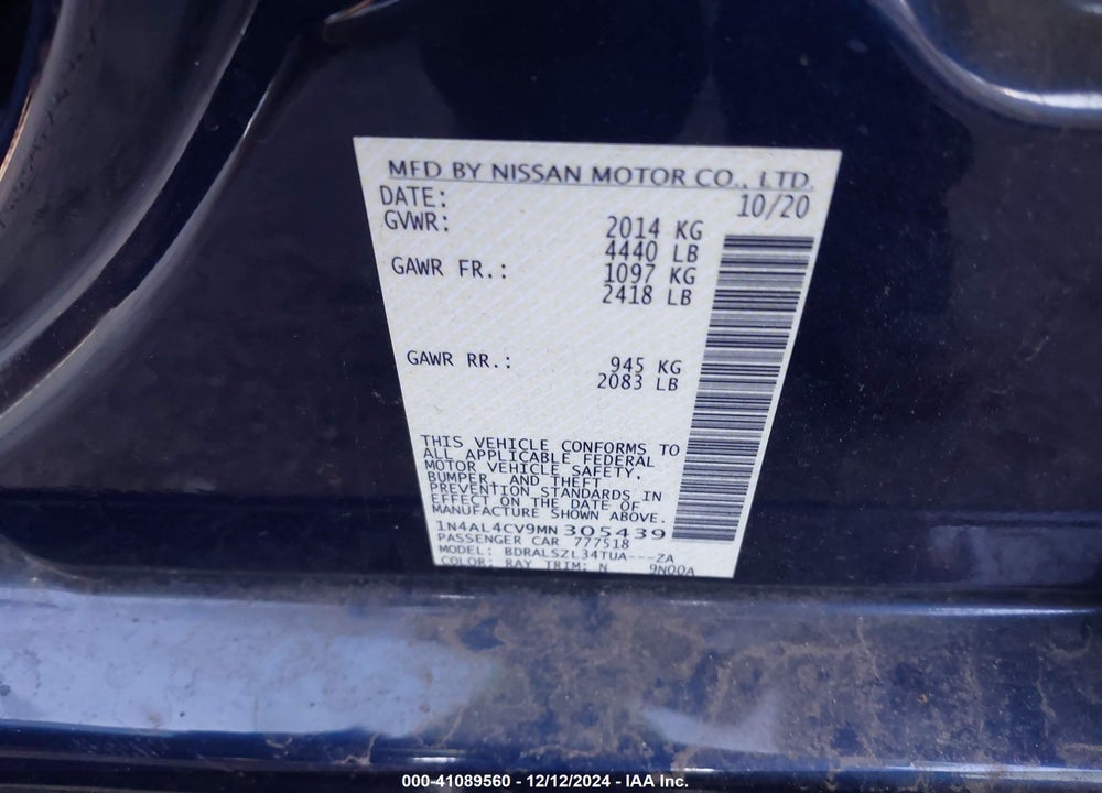 2021 NISSAN ALTIMA SR VC-TURBO FWD VIN: 1N4AL4CV9MN305439