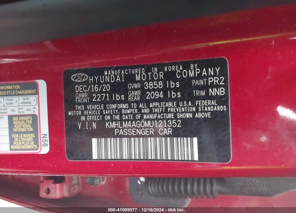 2021 HYUNDAI ELANTRA SEL VIN: KMHLM4AG0MU121352