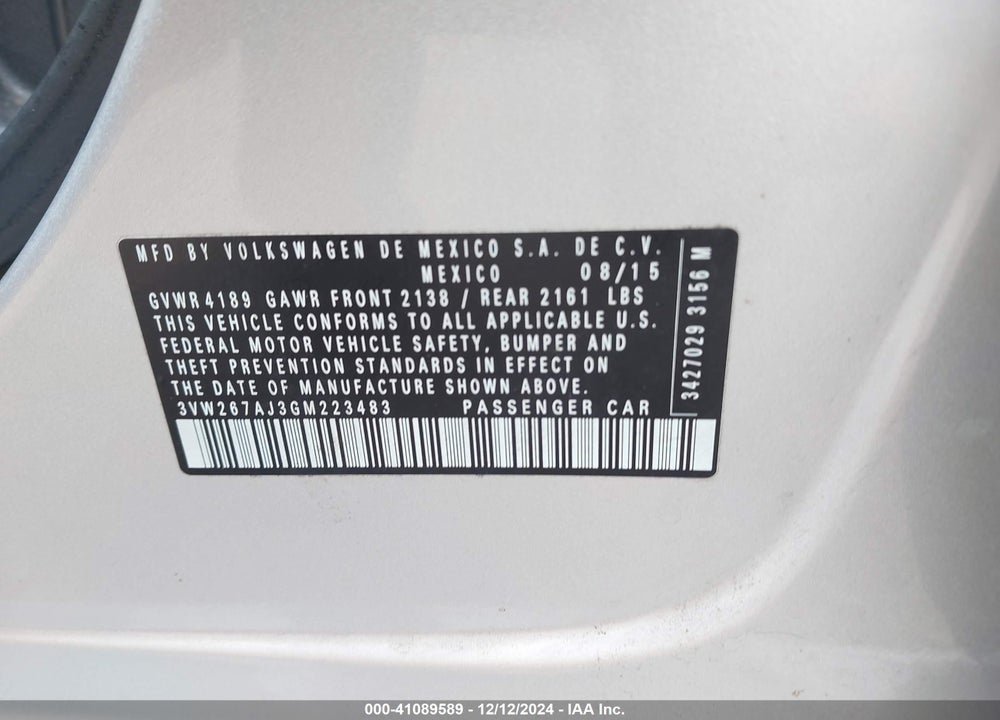 2016 VOLKSWAGEN JETTA 1.4T S VIN: 3VW267AJ3GM223483