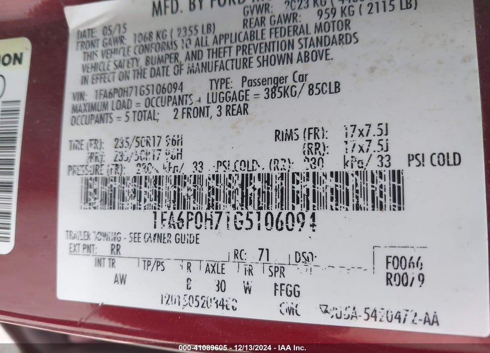 2016 FORD FUSION SE VIN: 1FA6P0H71G5106094