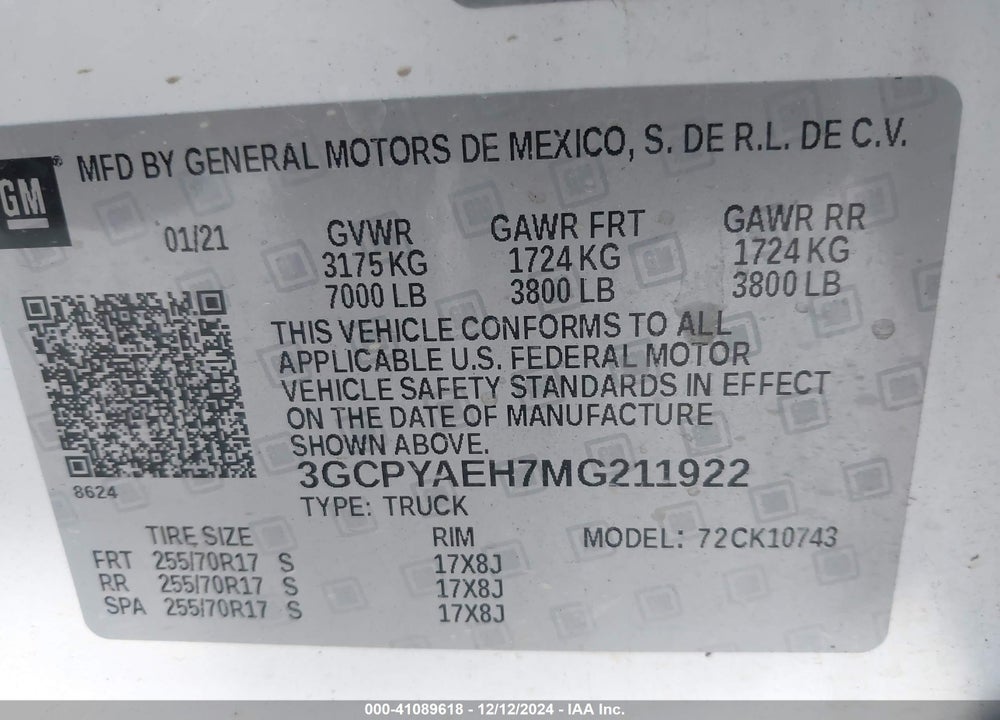 2021 CHEVROLET SILVERADO VIN: 3GCPYAEH7MG211922