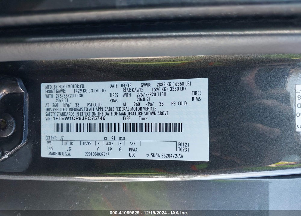 2018 FORD F-150 XL VIN: 1FTEW1CP8JFC75746