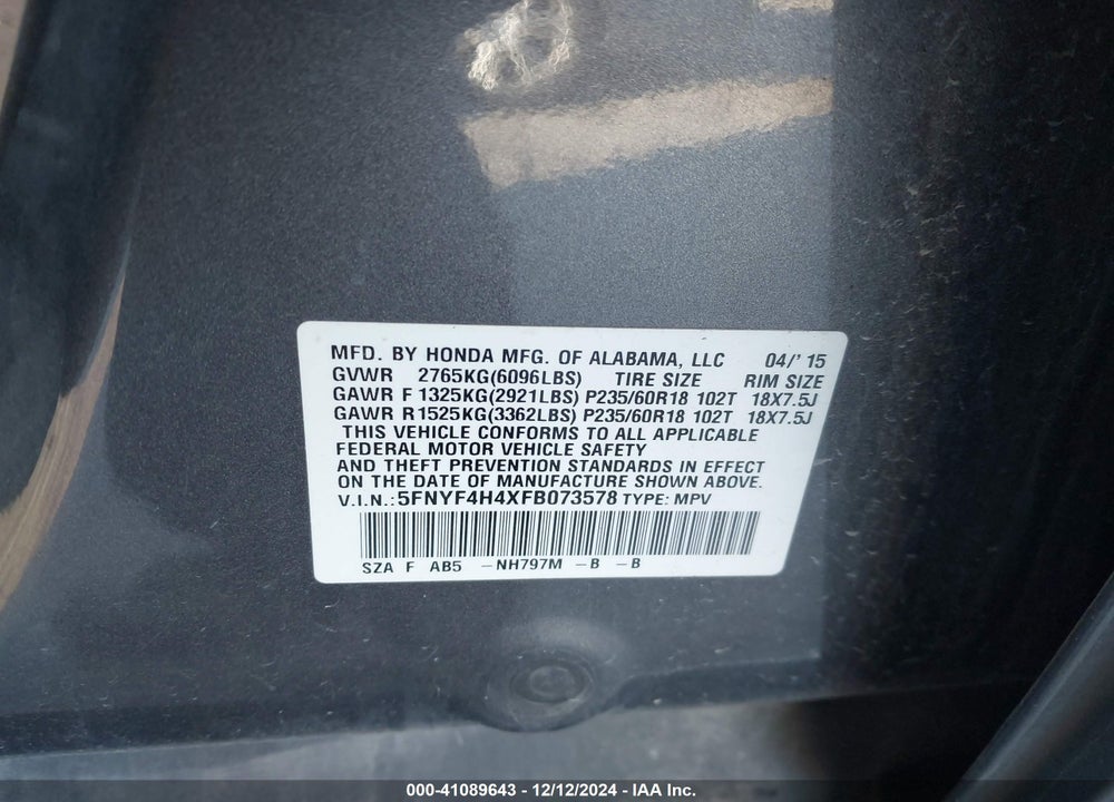 2015 HONDA PILOT EX VIN: 5FNYF4H4XFB073578