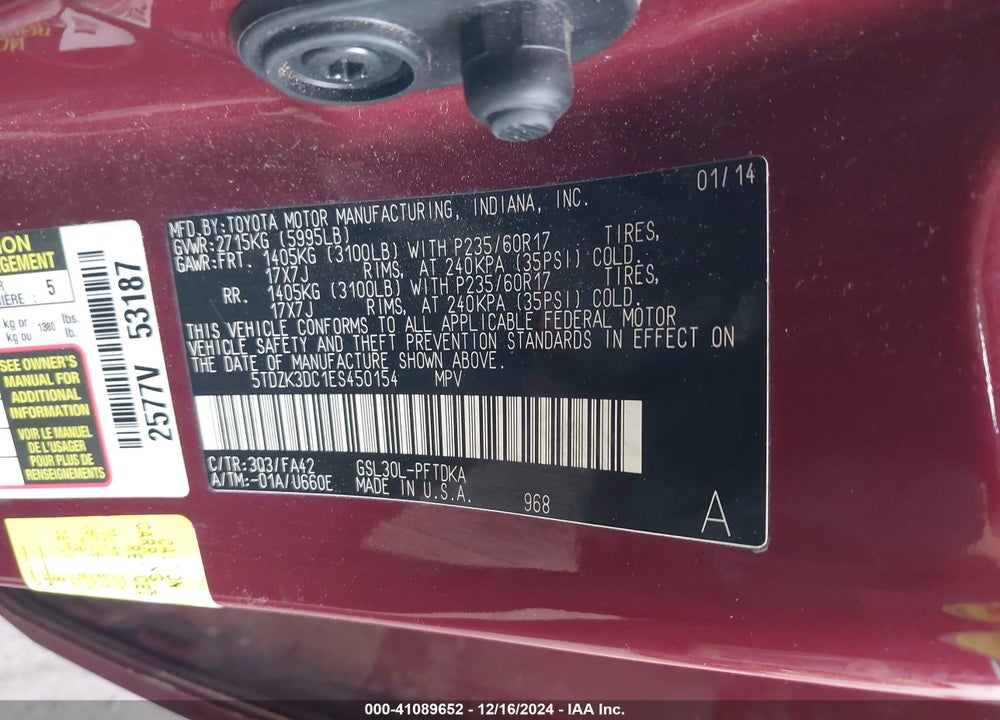 2014 TOYOTA SIENNA L V6 7 PASSENGER VIN: 5TDZK3DC1ES450154