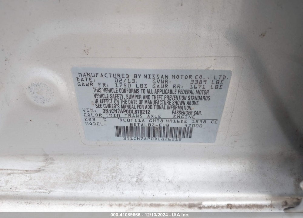 2013 NISSAN VERSA 1.6 SV VIN: 3N1CN7AP0DL876212