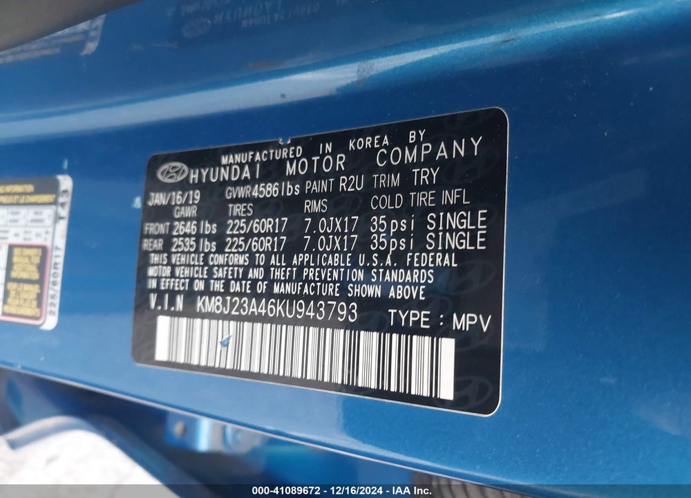 2019 HYUNDAI TUCSON SE VIN: KM8J23A46KU943793