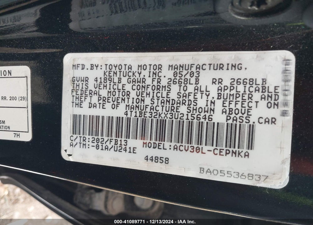 2003 TOYOTA CAMRY LE VIN: 4T1BE32KX3U215646