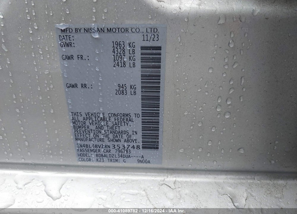 2024 NISSAN ALTIMA S FWD VIN: 1N4BL4BV2RN353748