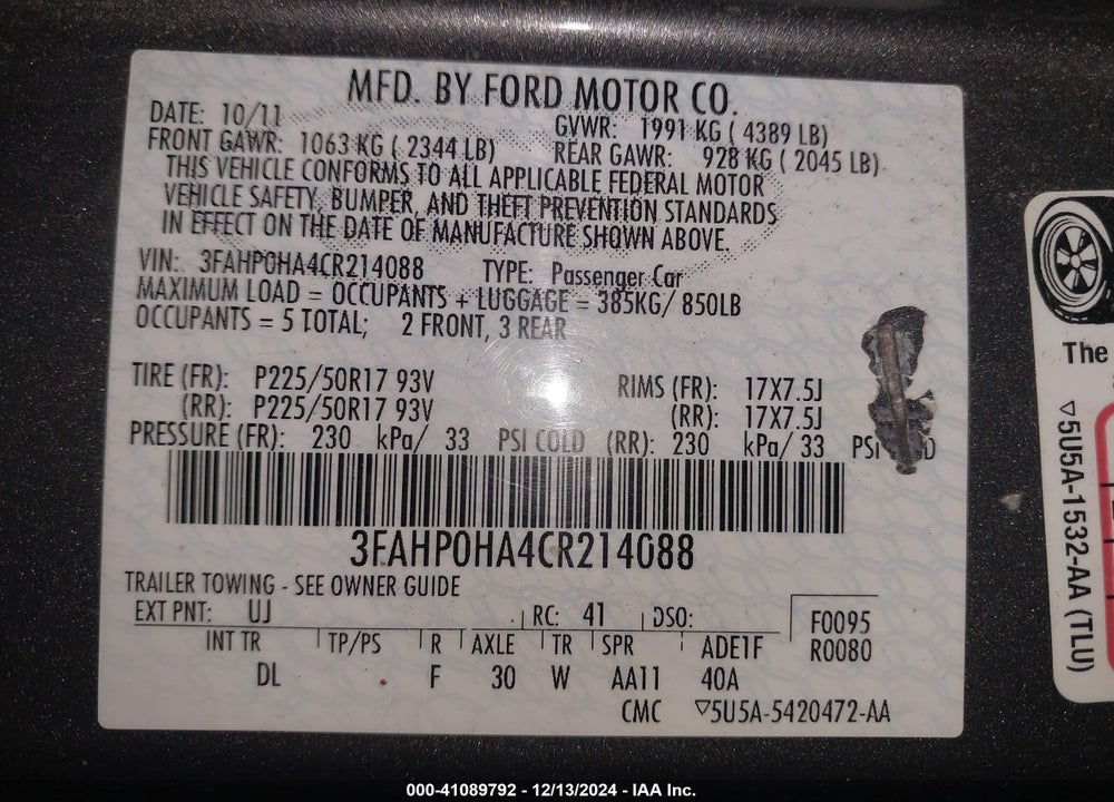2012 FORD FUSION SE VIN: 3FAHP0HA4CR214088