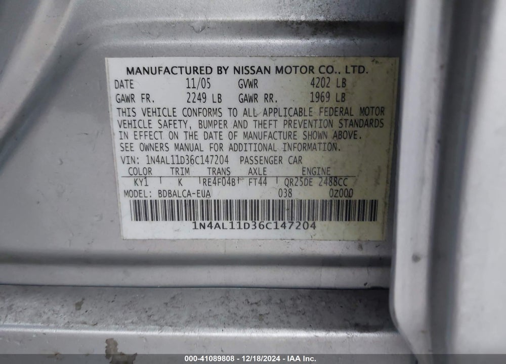 2006 NISSAN ALTIMA 2.5 S VIN: 1N4AL11D36C147204