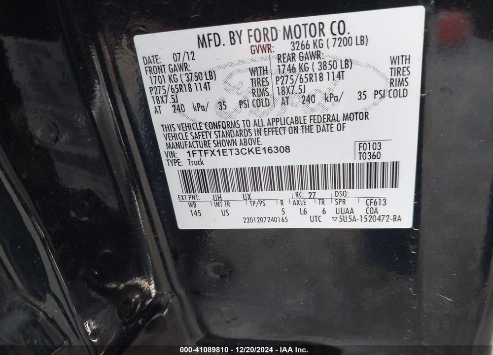 2012 FORD F-150 XLT VIN: 1FTFX1ET3CKE16308