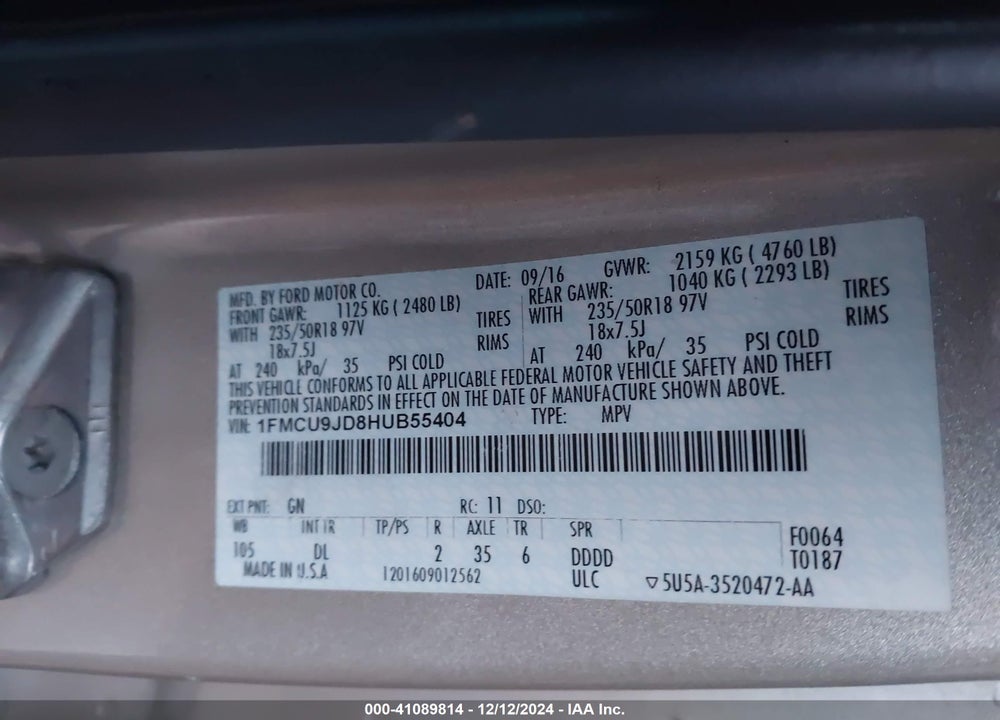 2017 FORD ESCAPE TITANIUM VIN: 1FMCU9JD8HUB55404