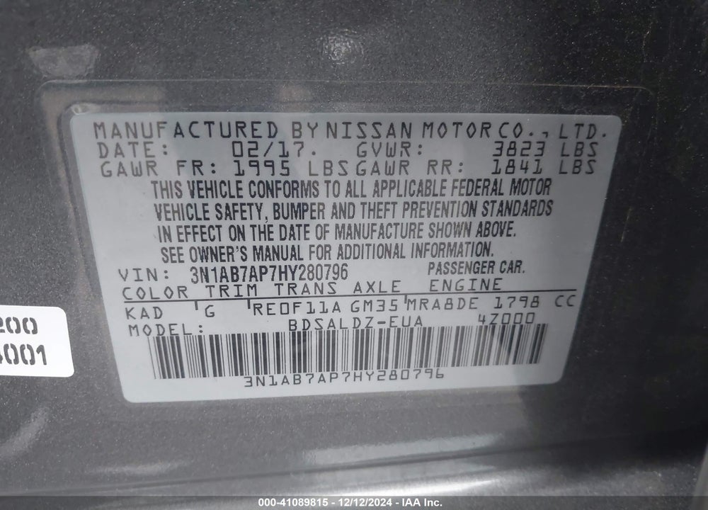 2017 NISSAN SENTRA SV VIN: 3N1AB7AP7HY280796