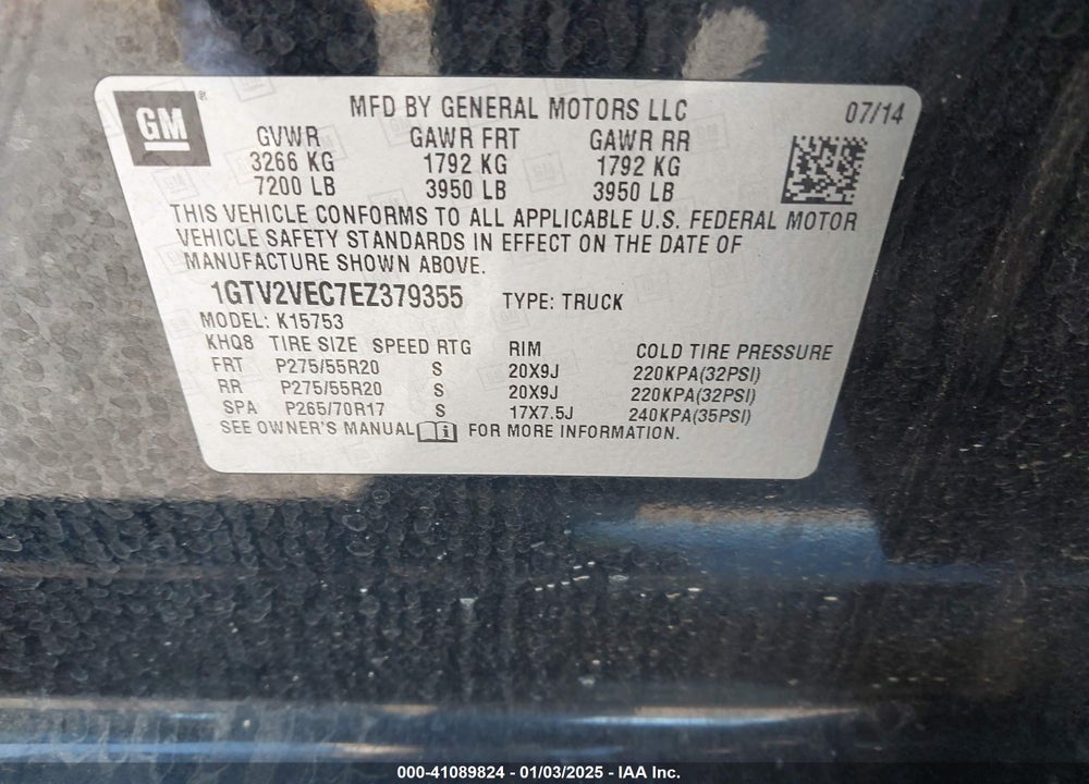 2014 GMC SIERRA 1500 VIN: 1GTV2VEC7EZ379355