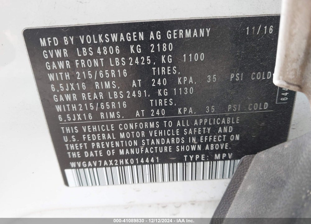 2017 VOLKSWAGEN TIGUAN 2.0T/2.0T S VIN: WVGAV7AX2HK014441
