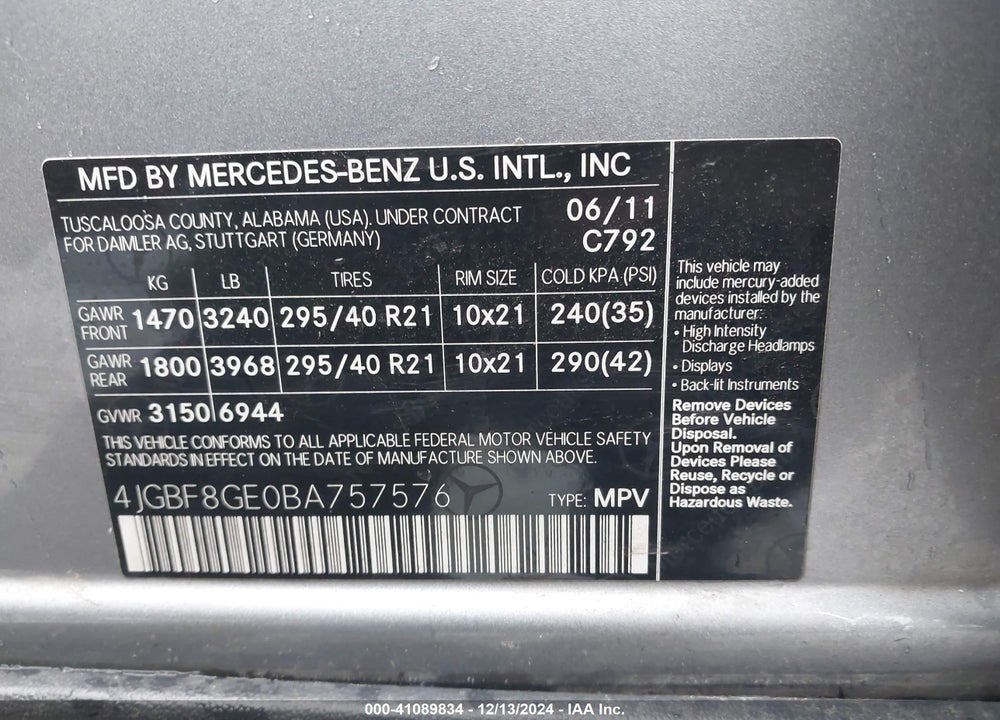 2011 MERCEDES-BENZ GL 550 VIN: 4JGBF8GE0BA757576