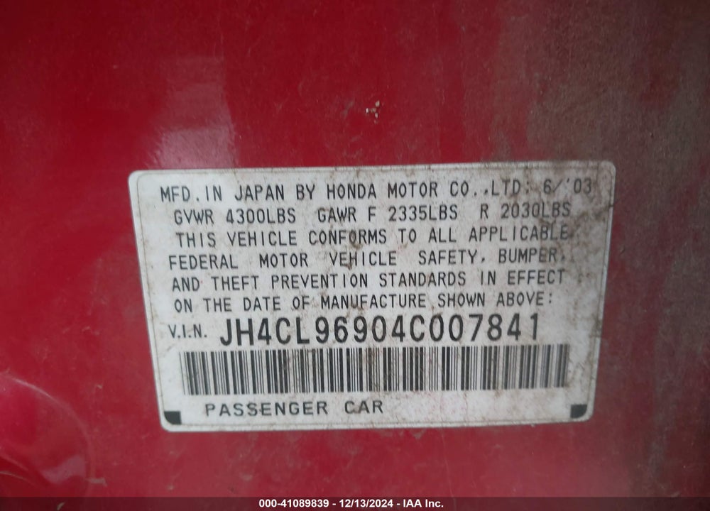 2004 ACURA TSX VIN: JH4CL96904C007841