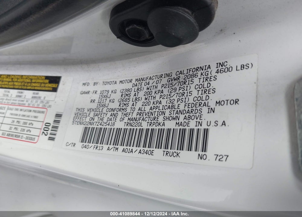 2007 TOYOTA TACOMA VIN: 5TENX22NX7Z425418