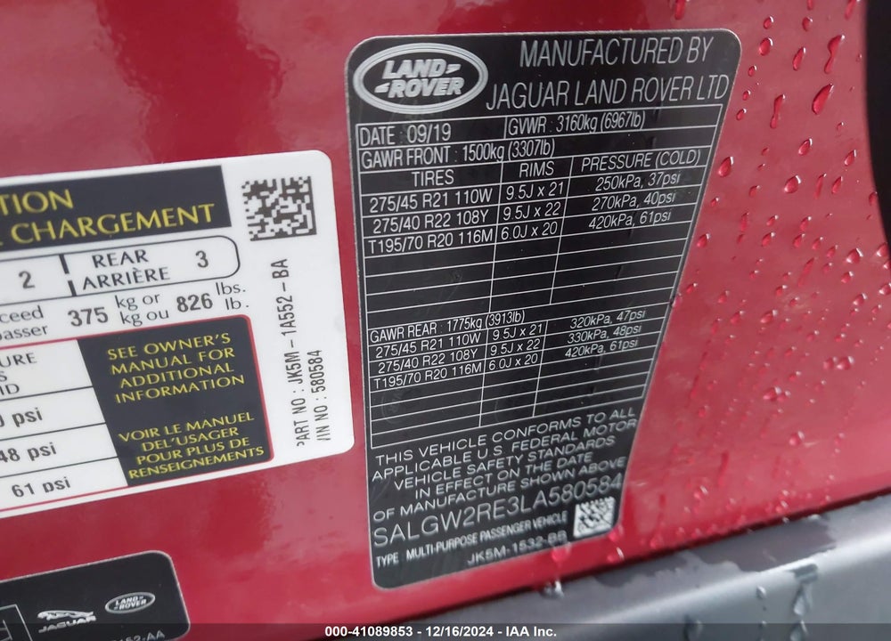 2020 LAND ROVER RANGE ROVER SV AUTOBIOGRAPHY DYNAMIC VIN: SALGW2RE3LA580584