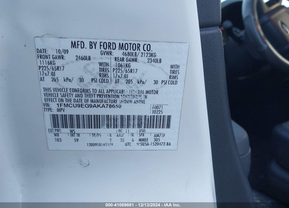2010 FORD ESCAPE VIN: 1FMCU9EG9AKA78659