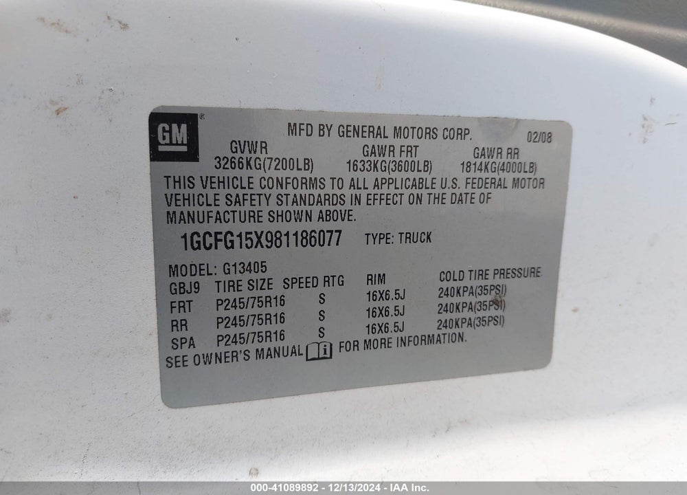 2008 CHEVROLET EXPRESS WORK VAN VIN: 1GCFG15X981186077