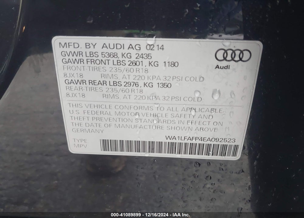 2014 AUDI Q5 2.0T PREMIUM VIN: WA1LFAFP4EA092523