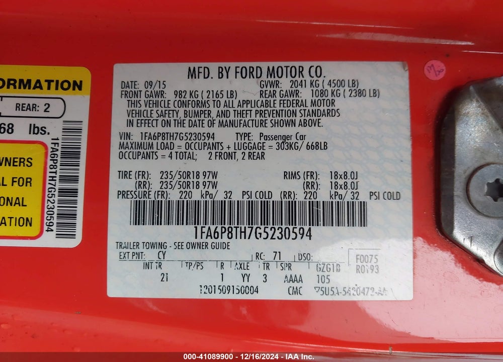 2016 FORD MUSTANG VIN: 1FA6P8TH7G5230594