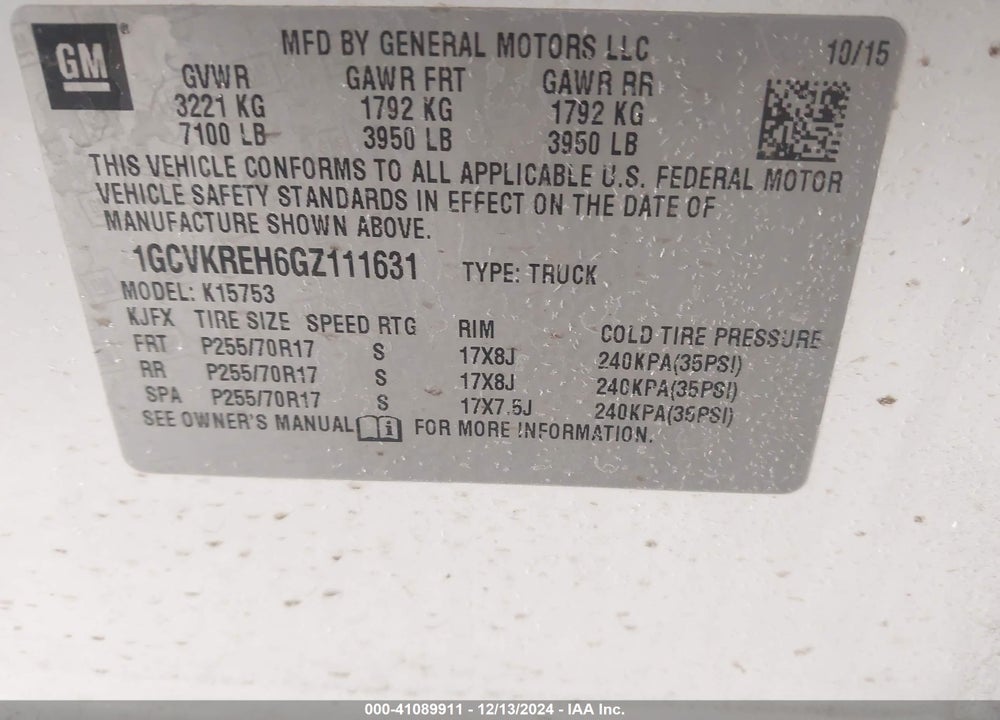 2016 CHEVROLET SILVERADO 1500 1LT VIN: 1GCVKREH6GZ111631