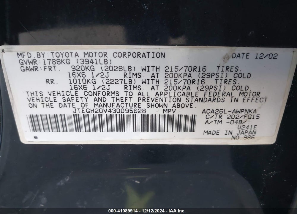 2003 TOYOTA RAV4 VIN: JTEGH20V430095628