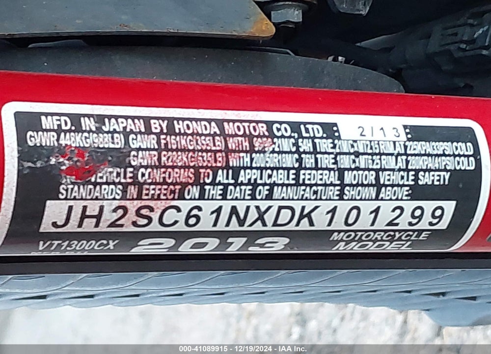 2013 HONDA VT1300 CX VIN: JH2SC61NXDK101299